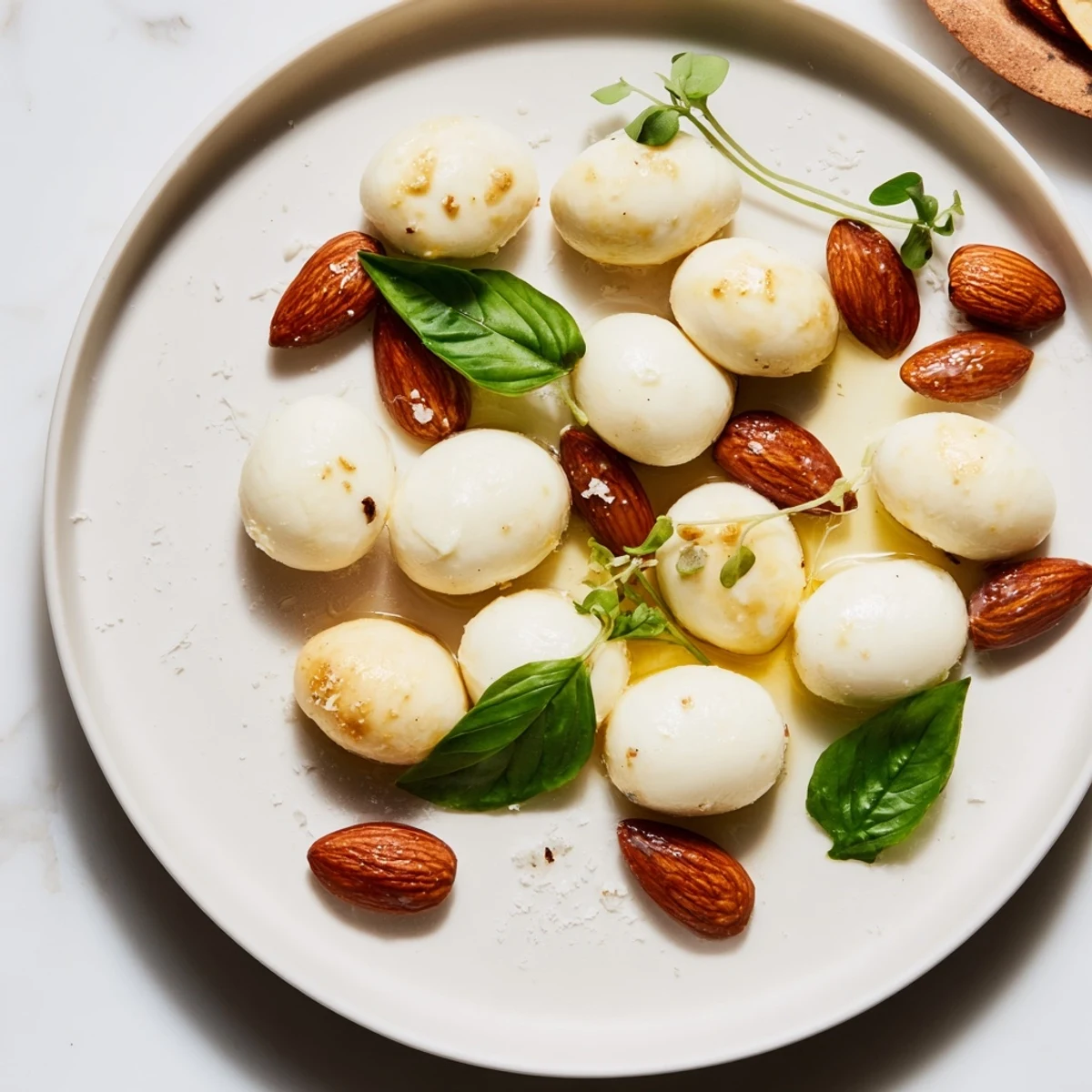 Bright white oval cheeses and almonds mimic pebbles in "The Polished Pebble" appetizer, perfect for a party.