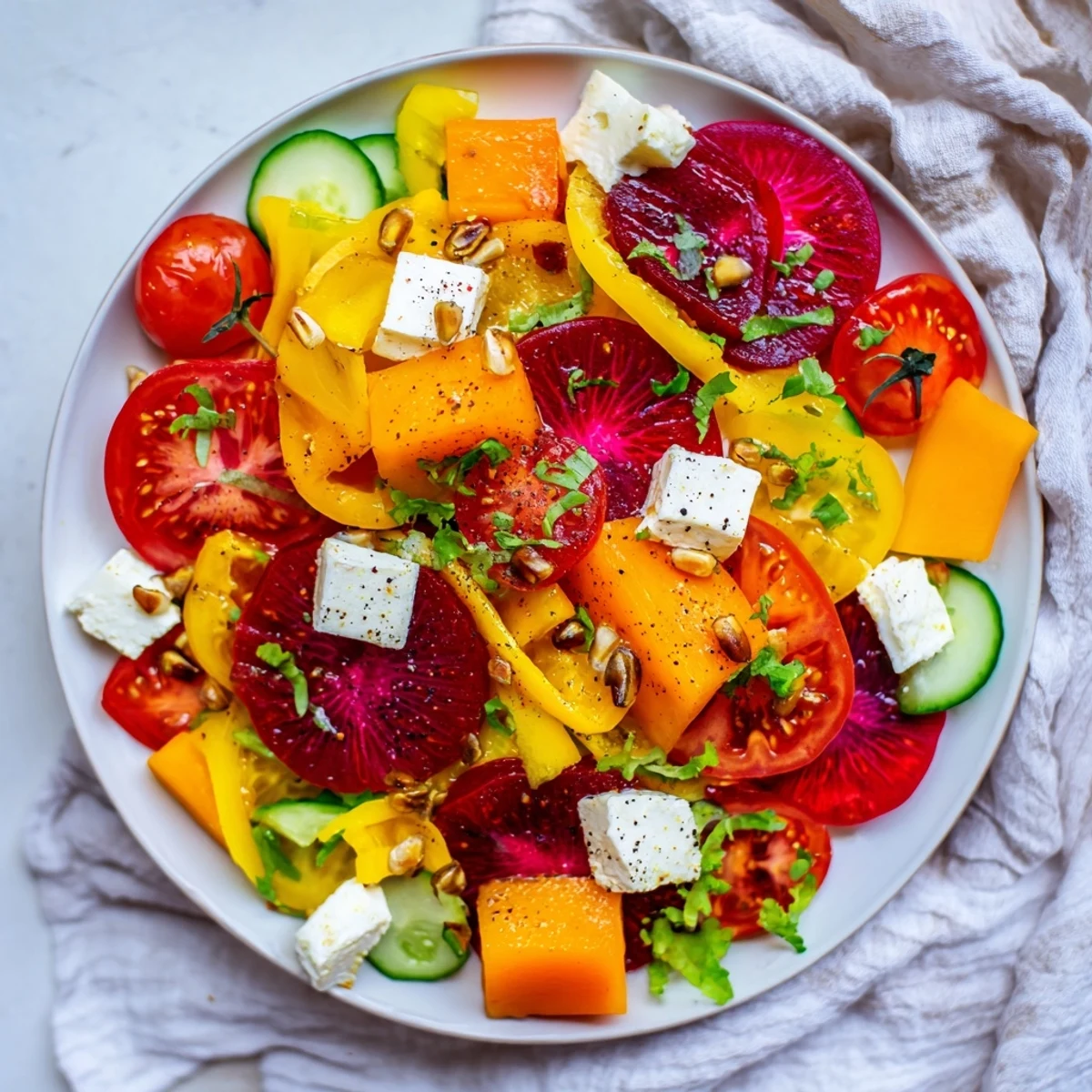 Fresh Abstract Expressionist Splash salad arranged with colorful vegetables, ready to eat and enjoy.