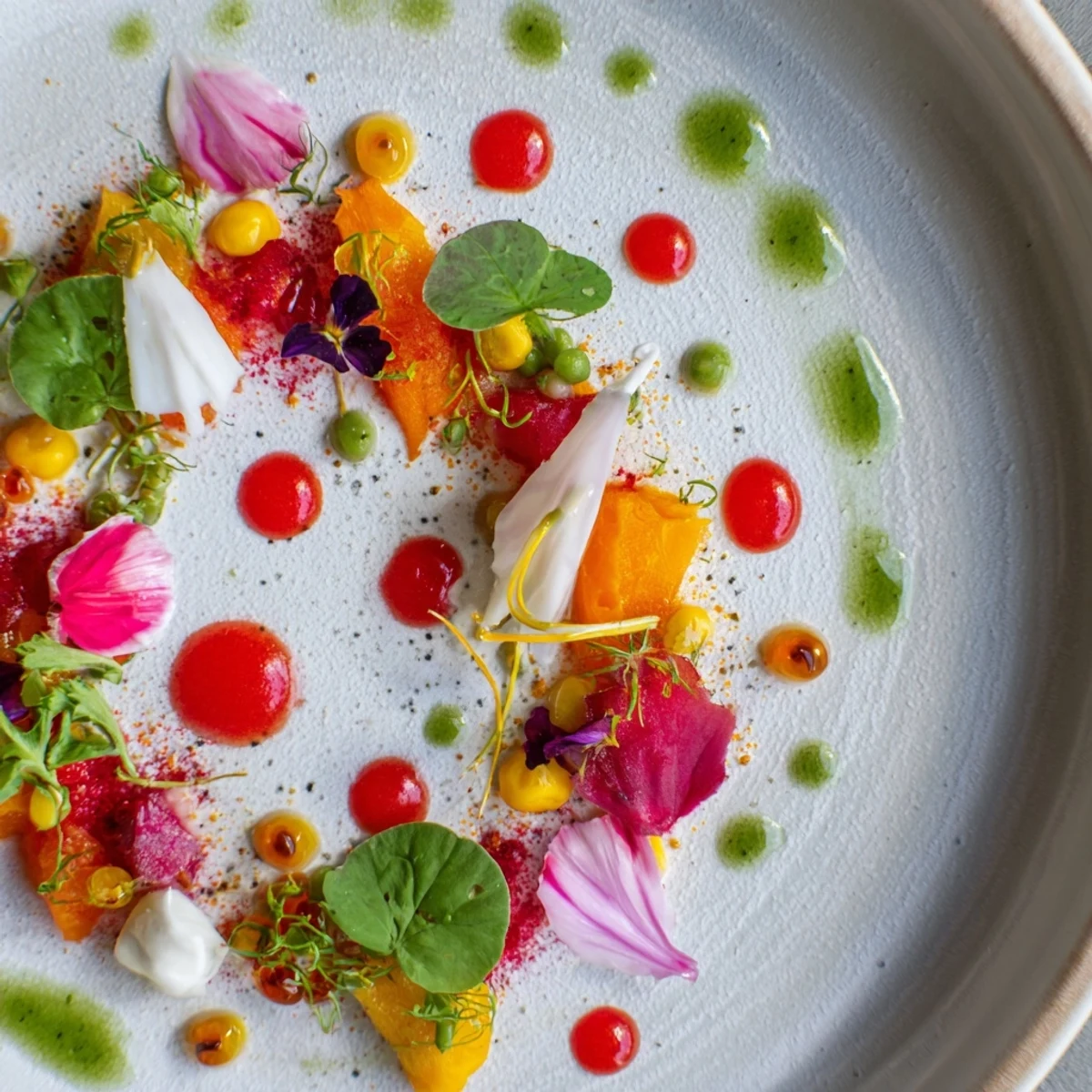 Colorful The Pointillism Dot Matrix appetizer, featuring vibrant dots of purees and sauces on a plate.