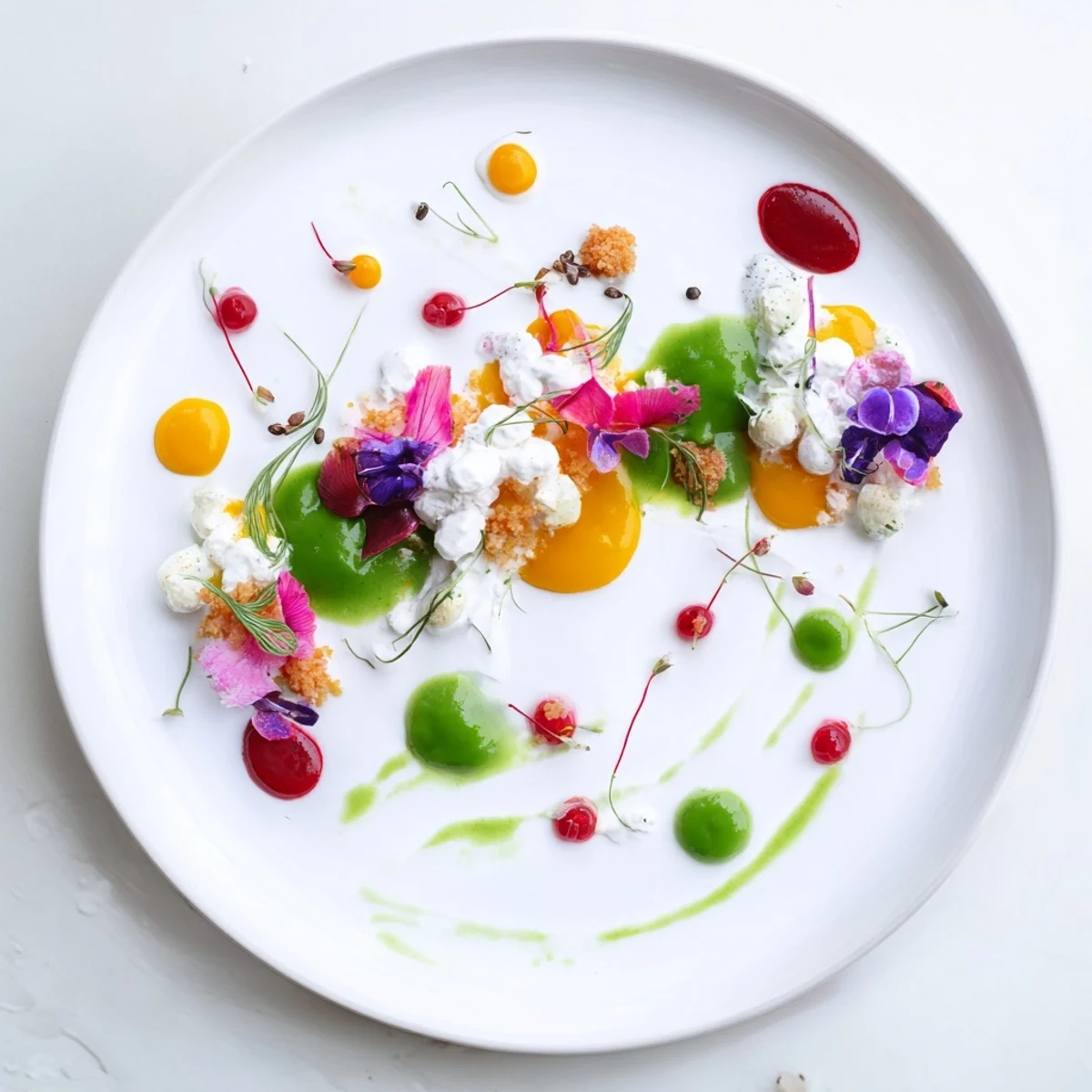 Artistic presentation of the Pointillism Dot Matrix; a visually striking Vegetarian starter with fresh garnishes.