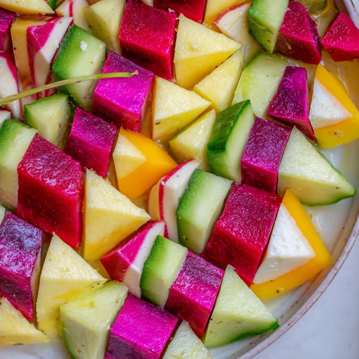 The Cubist Deconstruction appetizer showcases colorful geometric vegetables, fruit and feta cheese, ready to eat.
