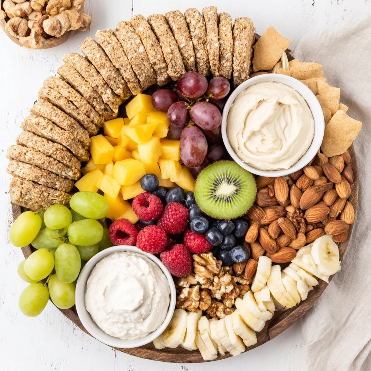 This colorful Hidden Oasis appetizer showcases a variety of fruits, nuts, and healthy dips.