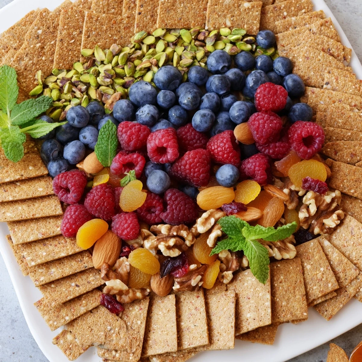 Fresh raspberries and blueberries enhance this "Picket Fence" appetizer's vibrant presentation.