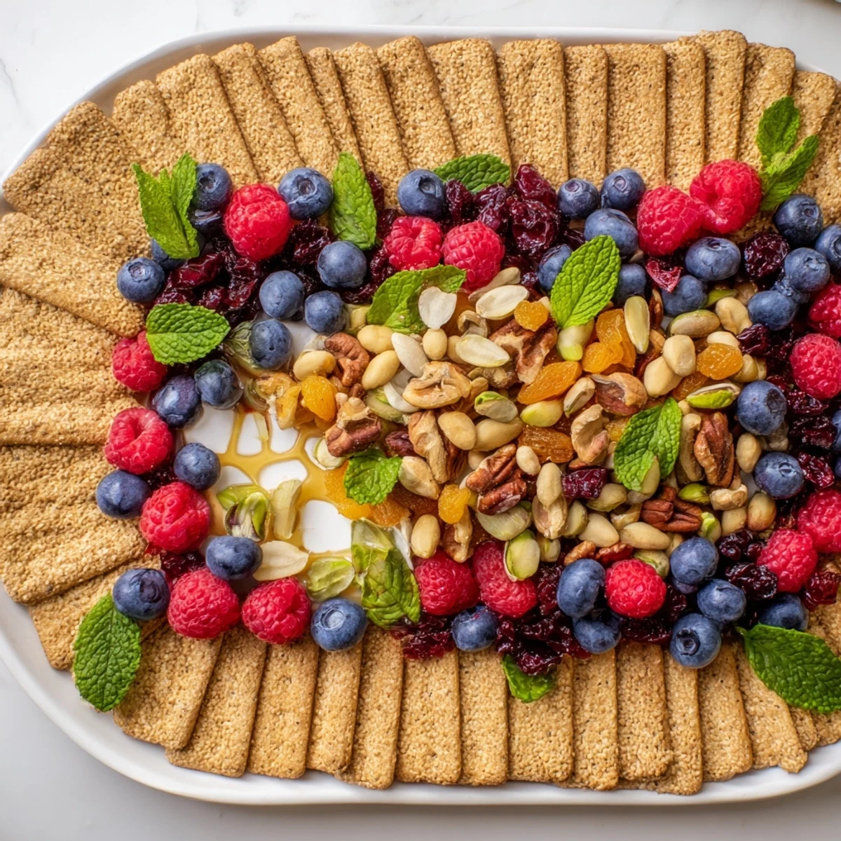 Crisp crackers form a delightful "Picket Fence" around a mixed nut and berry medley.