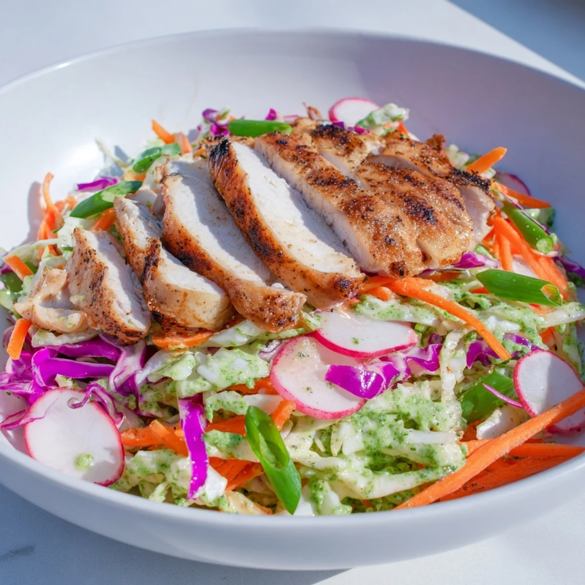 Green goddess cabbage slaw with grilled chicken, a colorful main dish with fresh flavors.
