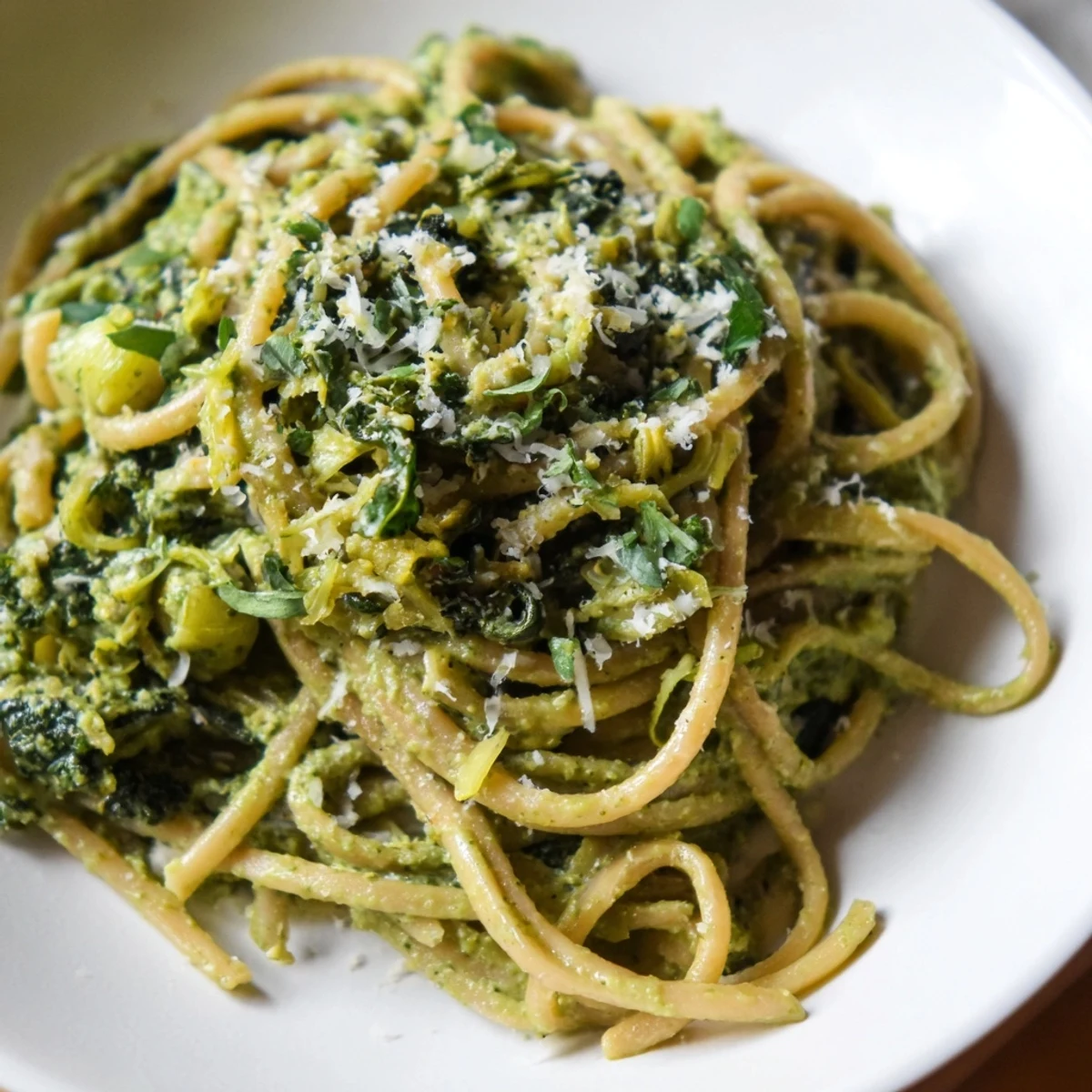 The blended Green Goddess pasta sauce coats perfectly cooked pasta for a flavorful meal.