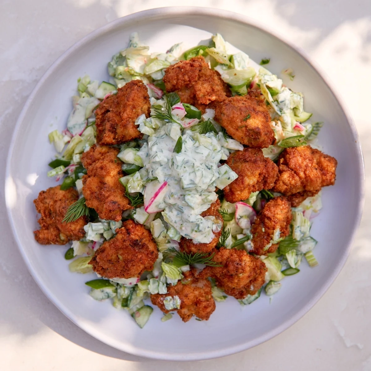 Freshly prepared Green Goddess Nugget Salad with crunchy vegetables and golden nuggets, a healthy meal.