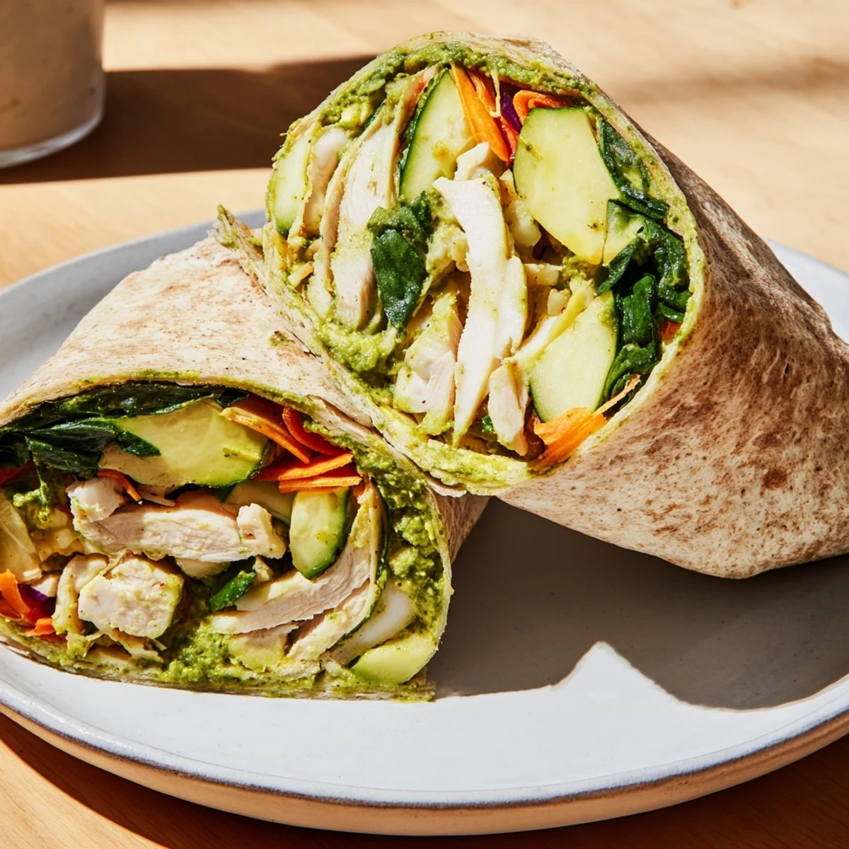 Vibrant green goddess dressing coats a healthy Green Goddess Wellness Wrap, ready to eat and enjoy.