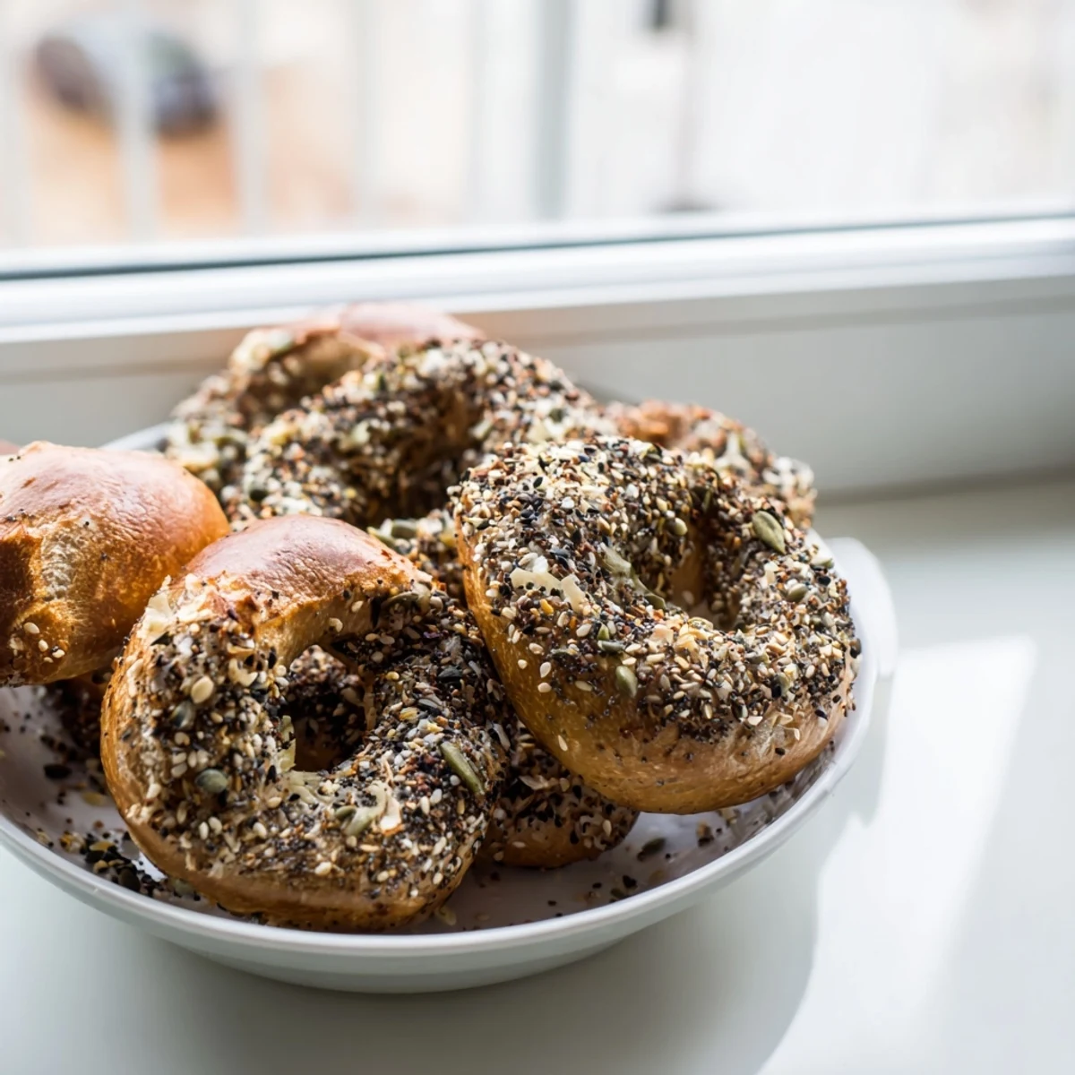 Close-up of a cucumber shaker with everything bagel seasoning coated cucumber slices, perfect for summer.