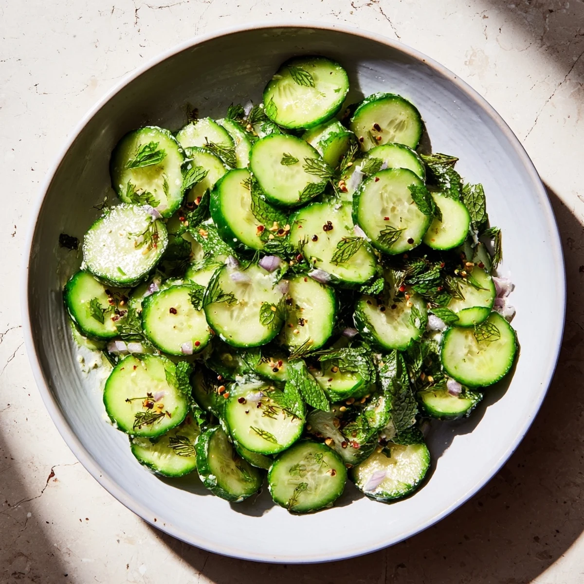 Cool, cucumber-filled Tzatziki Salad with Greek yogurt, garnished with fresh dill and extra olive oil.