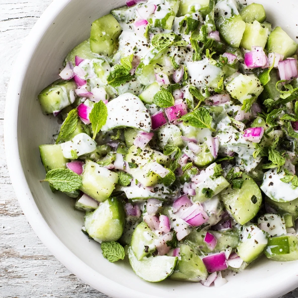 Picture a close-up of this delicious Cucumber and Greek Yogurt Tzatziki Salad, perfect for summer.