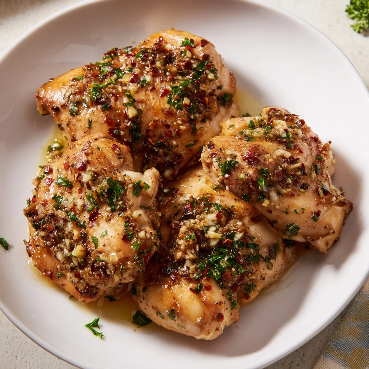 Close-up photo of sizzling garlic butter chicken bites, perfect for dipping and easy to serve.