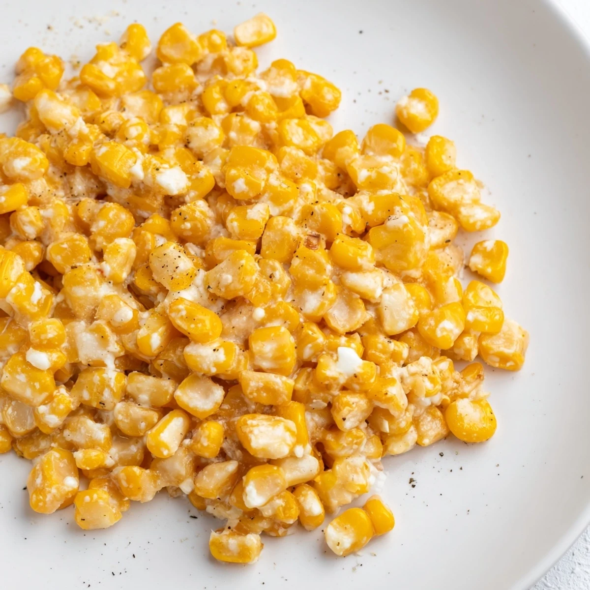 Cremiger Honigbutter-Pfannenmais mit geschmolzenem Käse und einem Hauch von frisch gemahlenem Pfeffer.