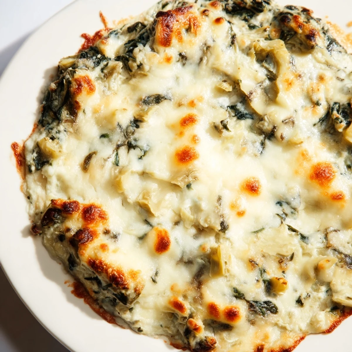 Warm and bubbling cheesy spinach artichoke dip, perfect for a party, ready to scoop with chips.