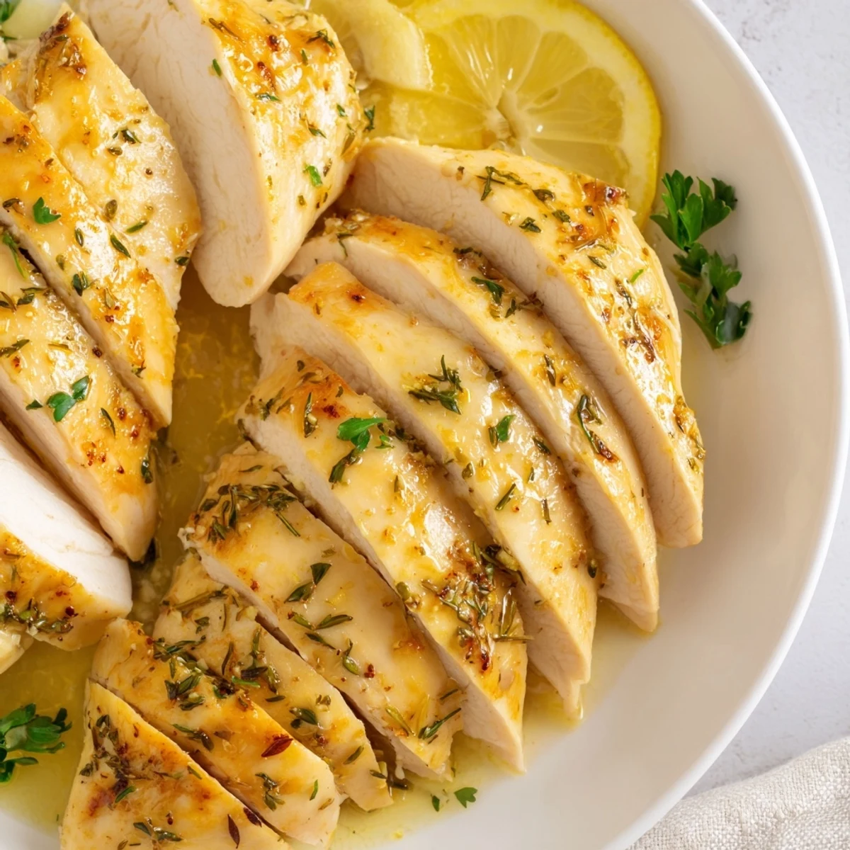Aromatic Greek Lemon Herb Chicken, glistening with olive oil, offers a delicious, healthy dinner option.