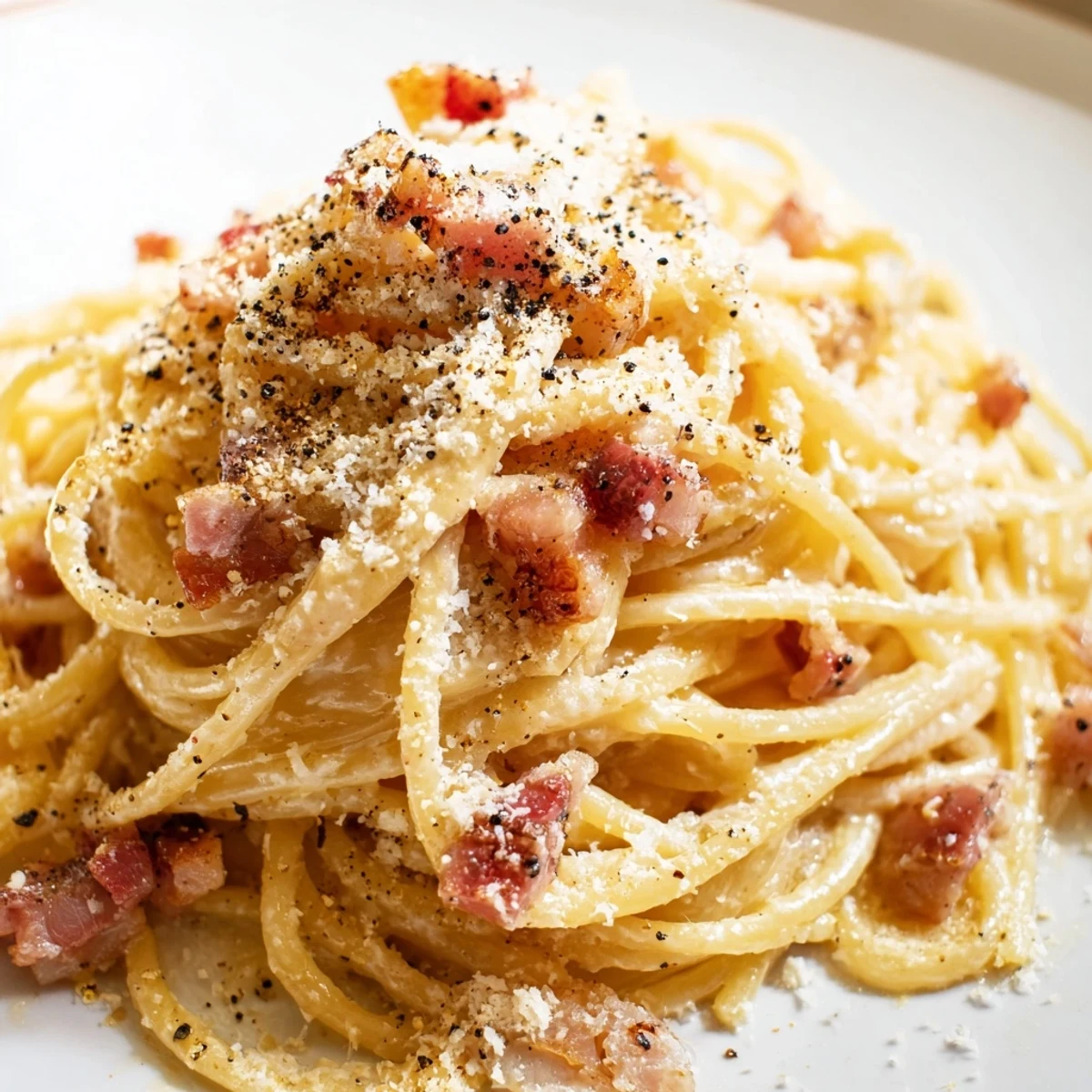 Golden express spaghetti carbonara: creamy, rich pasta coated in egg and Parmesan, garnished with extra cheese.