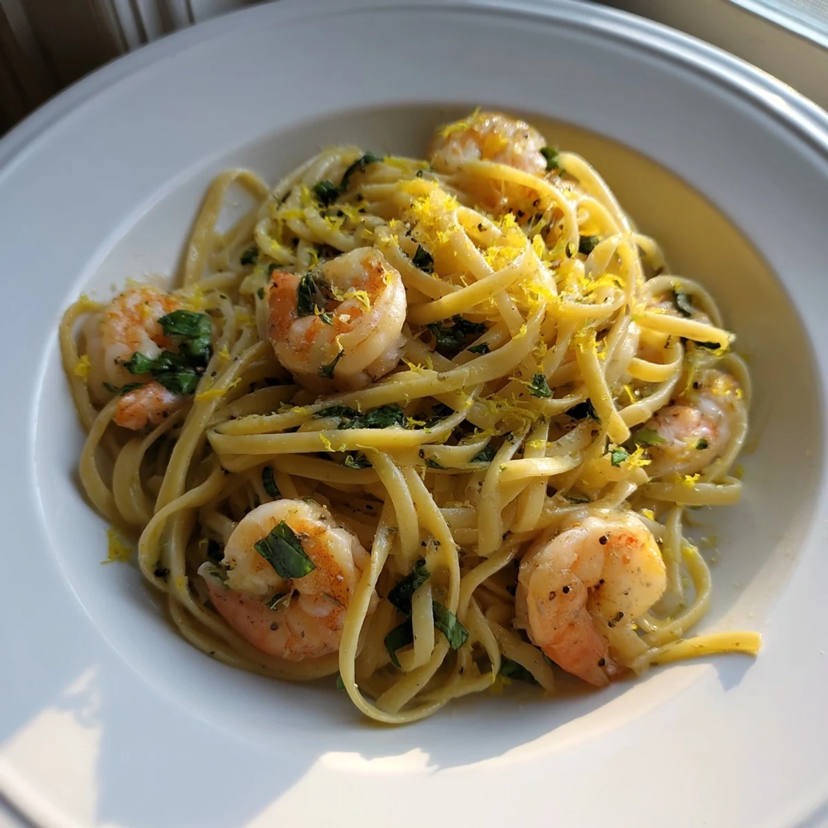 Saftige Zitrone-Kräuter-Pasta mit Garnelen, dampfend heiß, angerichtet mit frischen Kräutern.