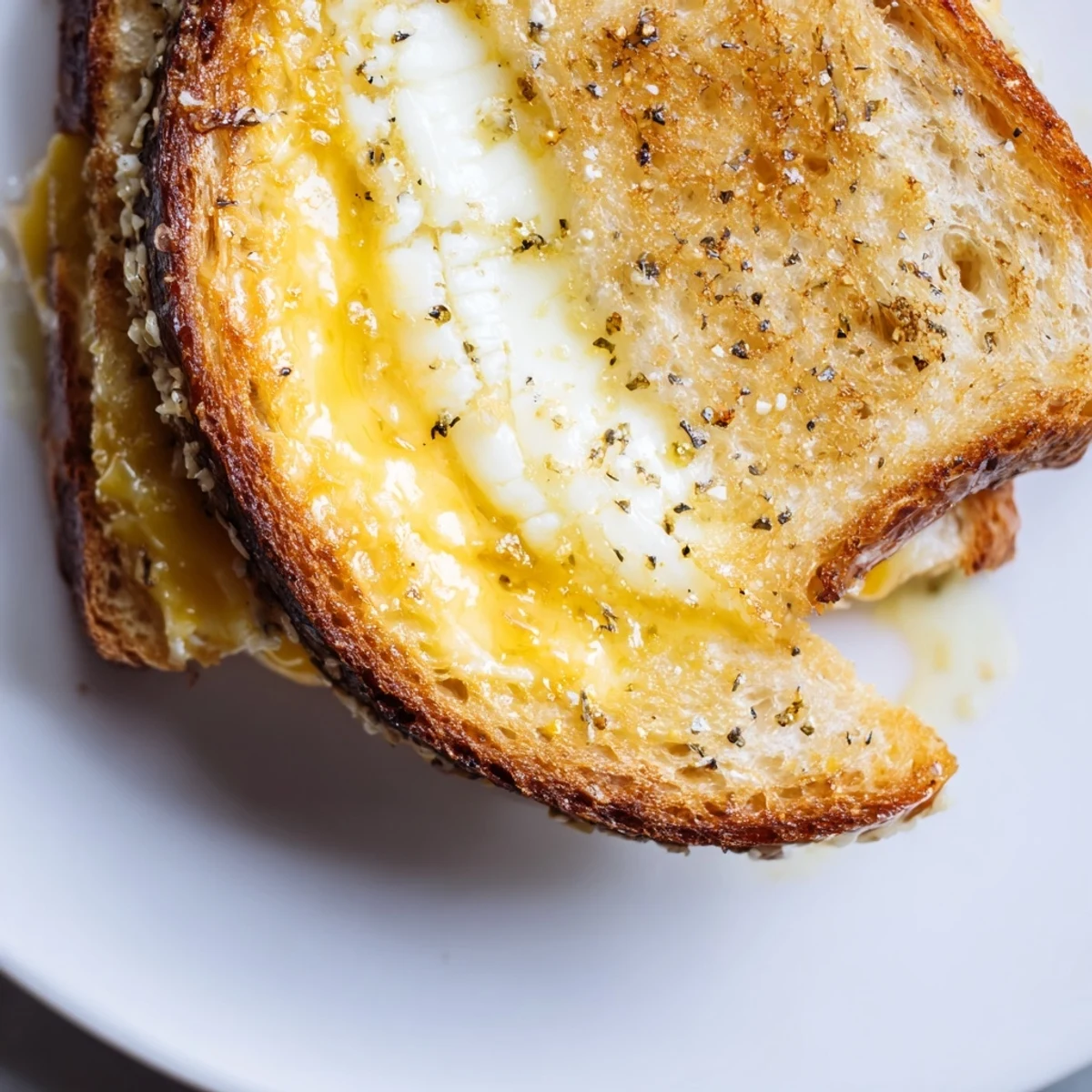 Golden, melted sharp cheddar spilling from a Truffle Oil Grilled Cheese sandwich, ready to be enjoyed.