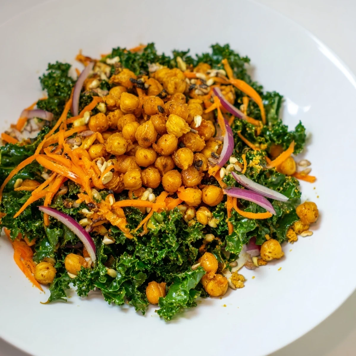 Bright green kale salad with vibrant carrots, red onion, and crunchy roasted chickpeas.