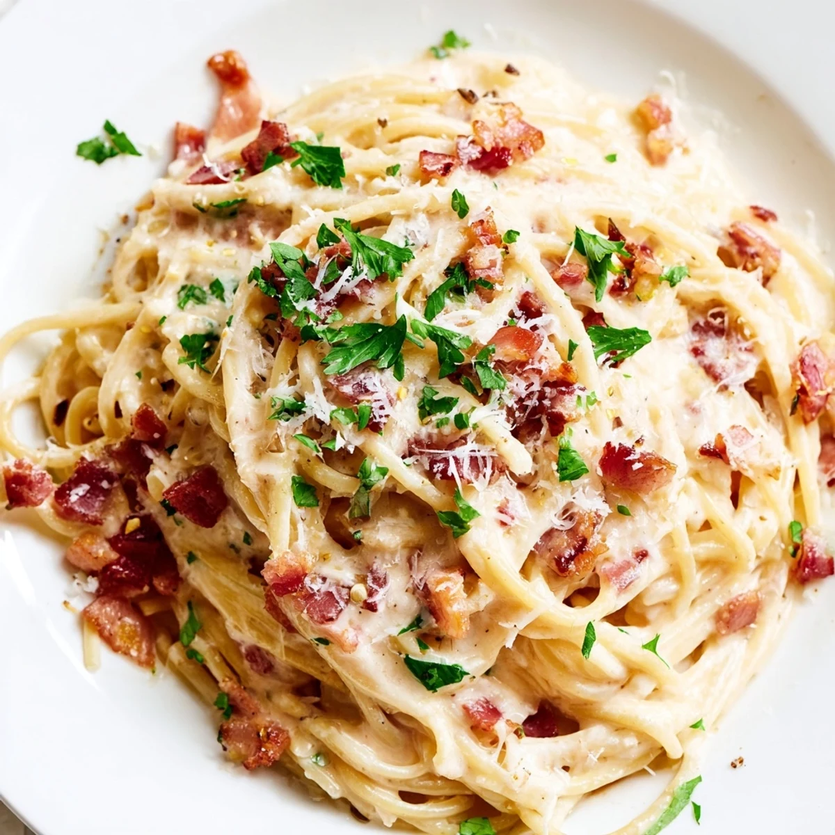 A delicious creamy garlic bacon pasta, showcasing the rich sauce and perfectly cooked spaghetti.