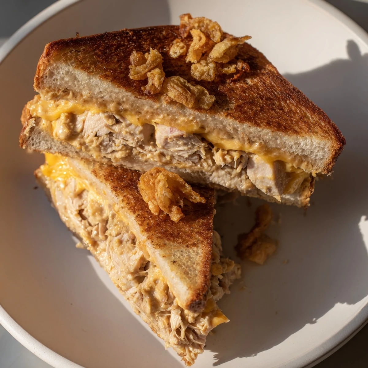 A close-up of a perfectly grilled Crispy Shallot Chicken Grilled Cheese, showing crispy bread and savory fillings.