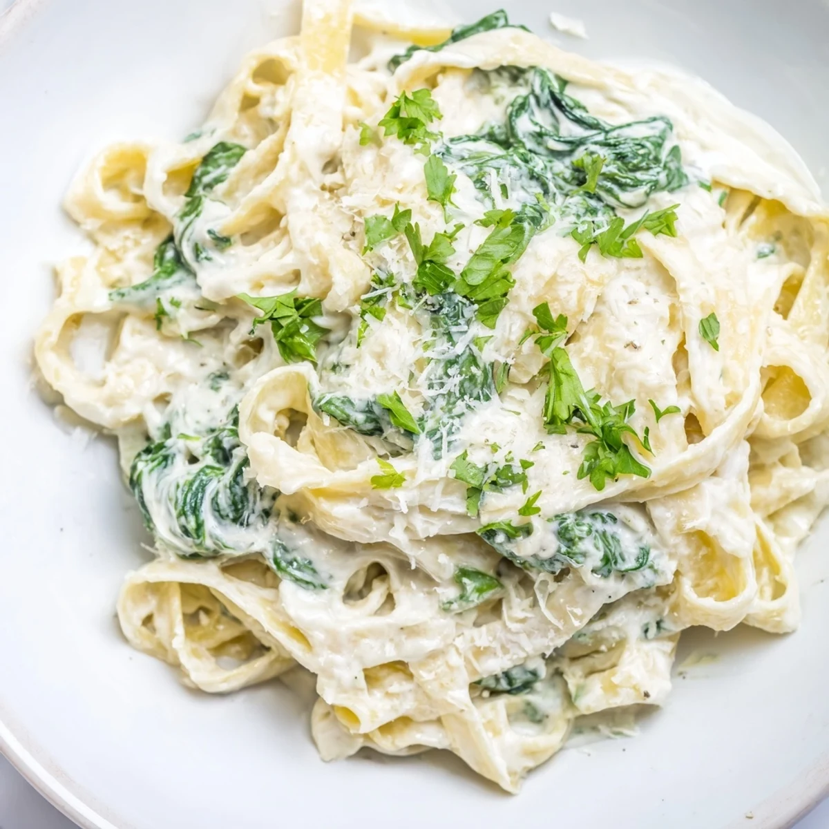 Steaming hot Creamy Spinach Fettuccine Alfredo, a comfort food classic with fresh spinach and Parmesan garnish.