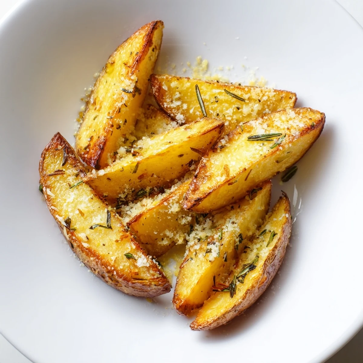 Golden, crispy rosemary Parmesan potato wedges, ready to serve as a flavorful side dish.