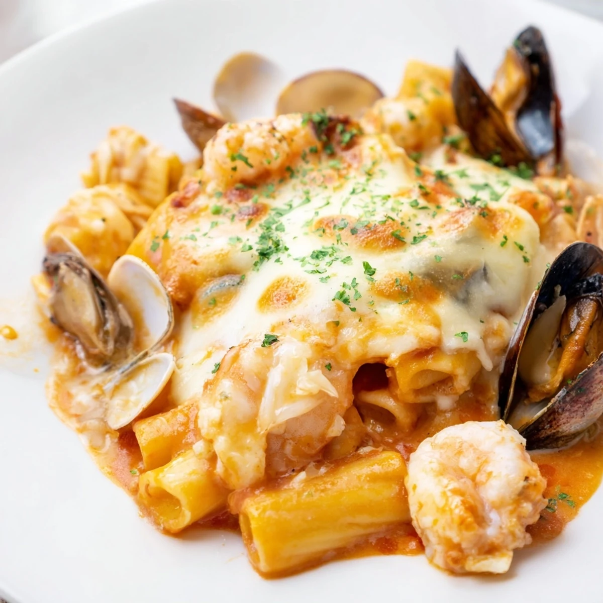 A rich, creamy Seafood Pasta Bake bubbling hot from the oven, featuring tender seafood and pasta.