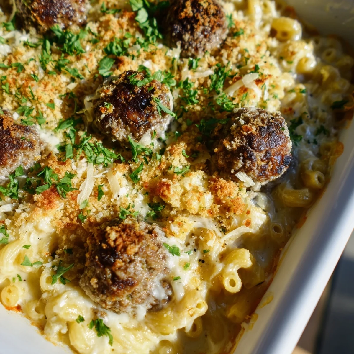 Melting cheese coats tender meatballs and pasta in this delicious Mac & Cheese Meatball Bake.