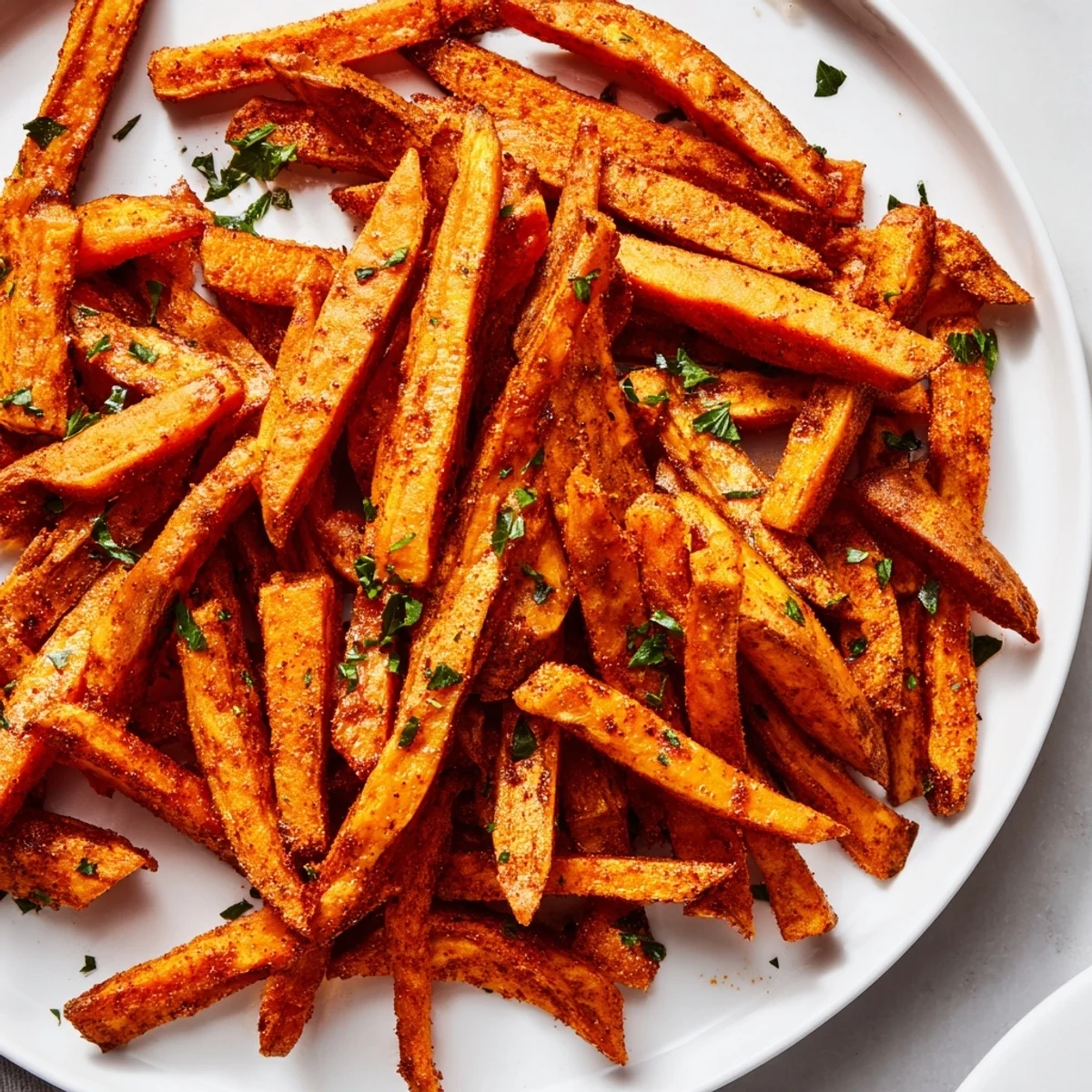 Air-fried Cajun spiced sweet potato fries, sprinkled with herbs, perfect for dipping and sharing.