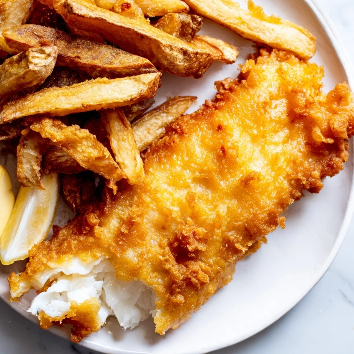 Golden, crispy British fish and chips, a classic pub meal served with thick-cut fries.