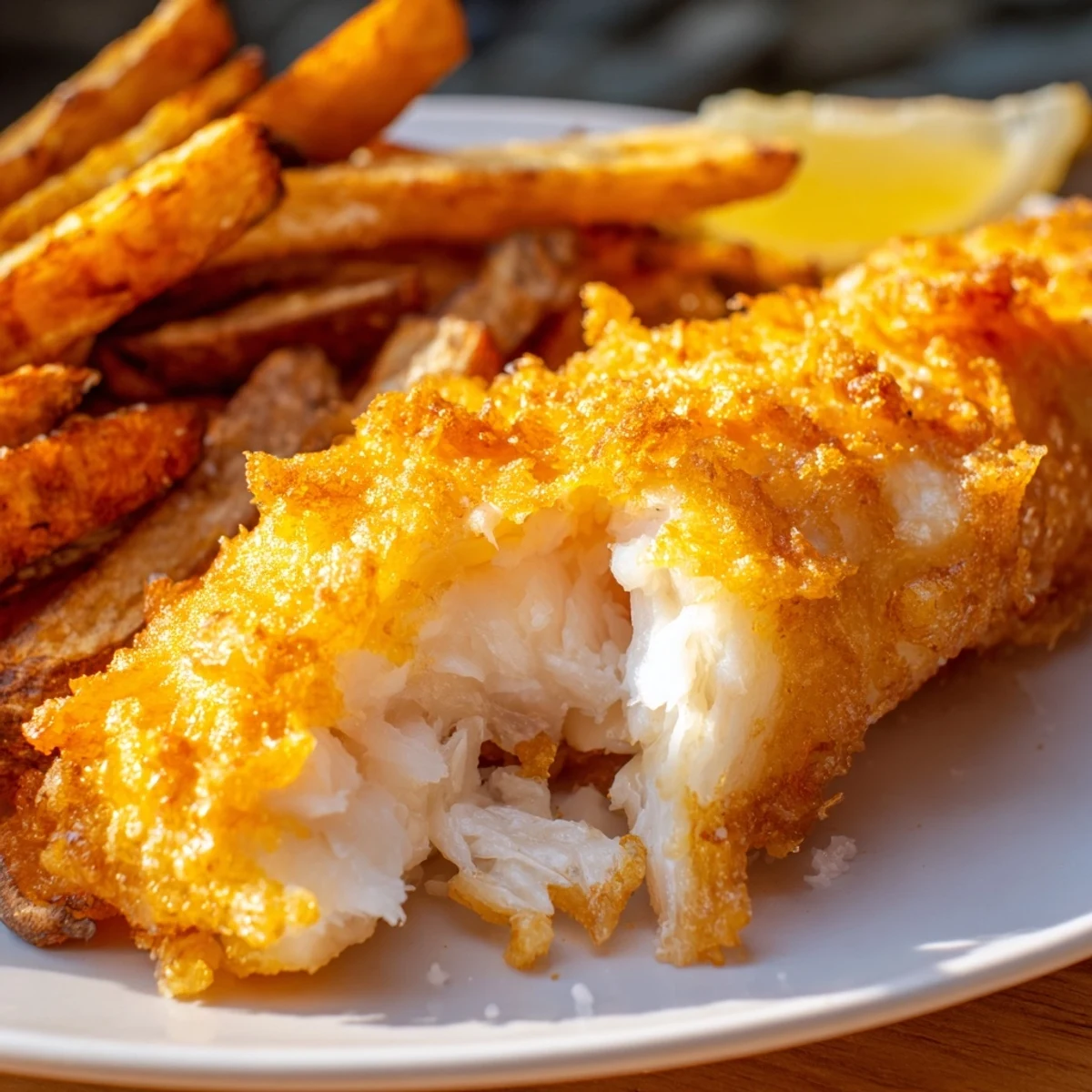 Enjoy a plate of British fish and chips; perfectly fried fish and thick, salty chips.
