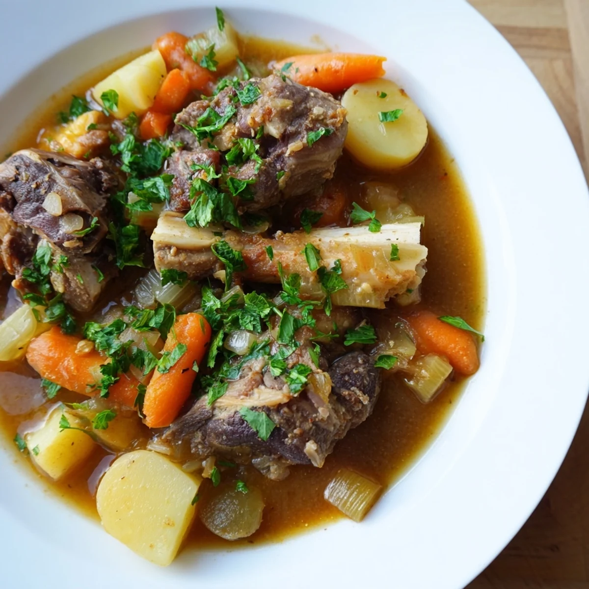 A steaming bowl of Welsh Cawl stew, with tender lamb and root vegetables; ready to eat.