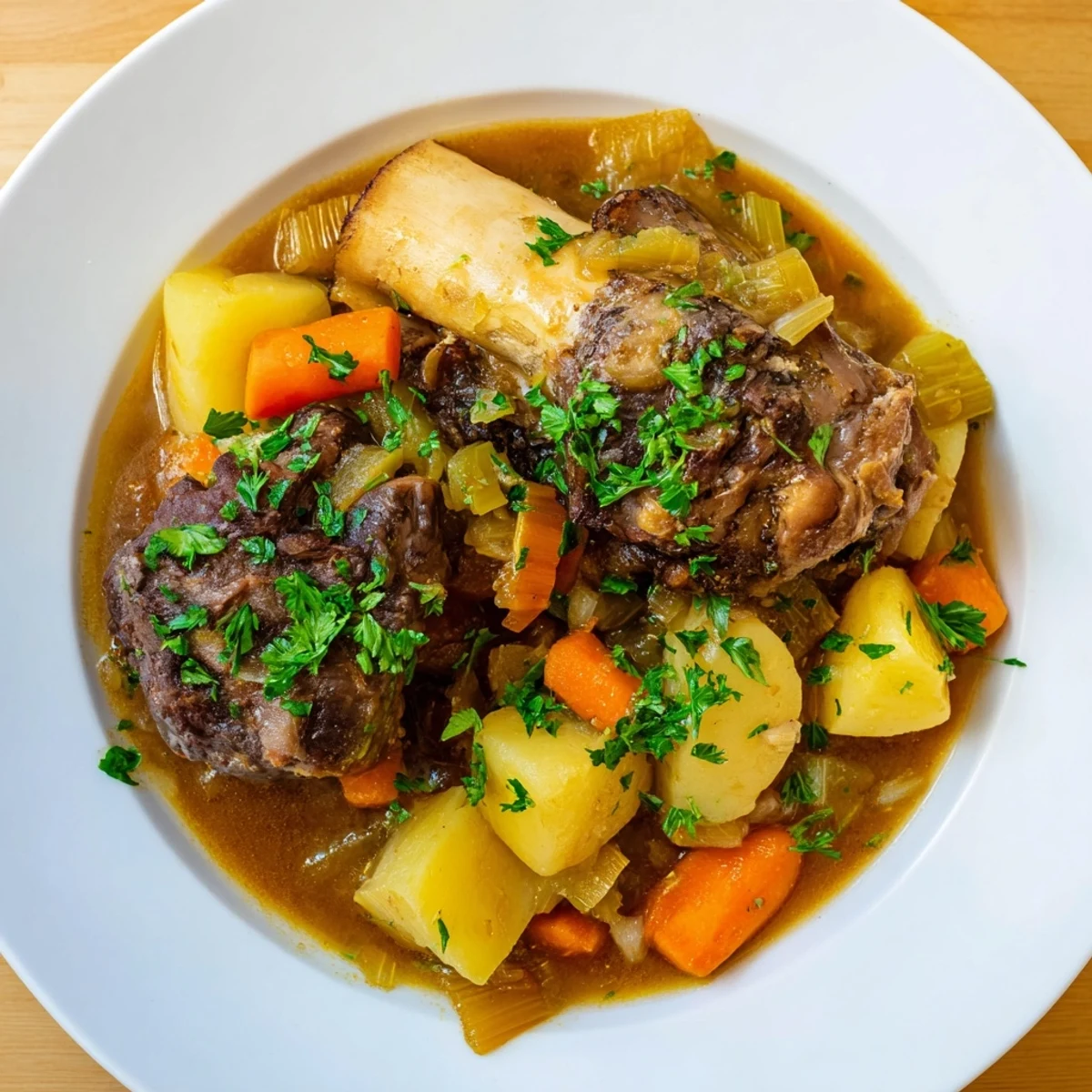 Hearty Welsh Cawl, a satisfying stew with chunks of meat and carrots; perfect for a chilly evening.