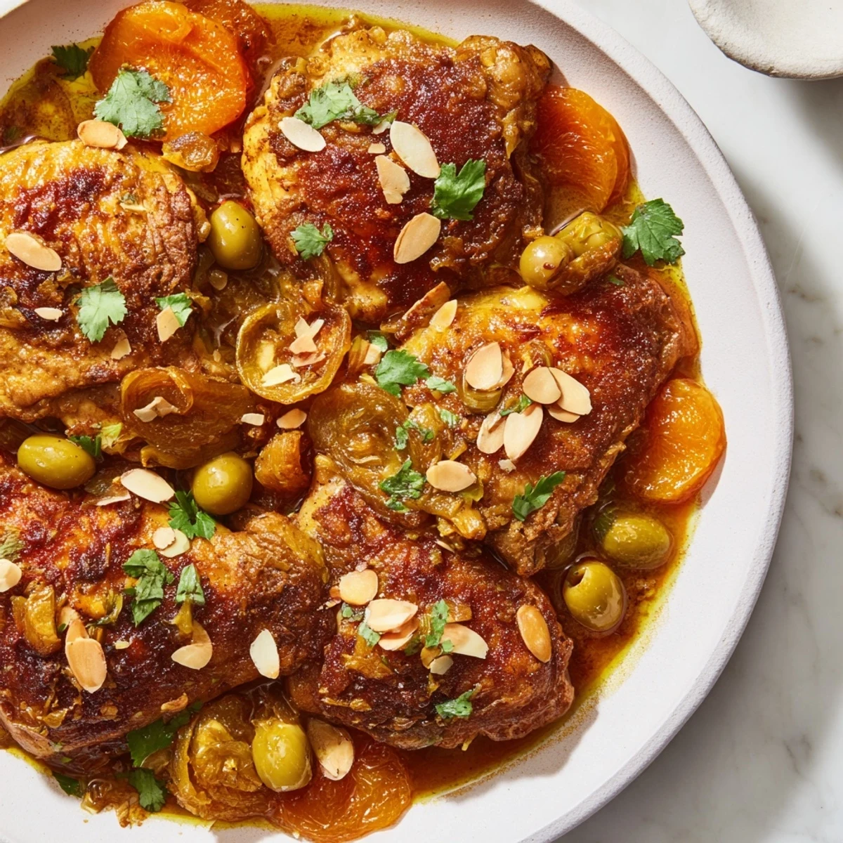 Saftiges Moroccan Tagine Chicken mit getrockneten Aprikosen, Oliven und Aromen.