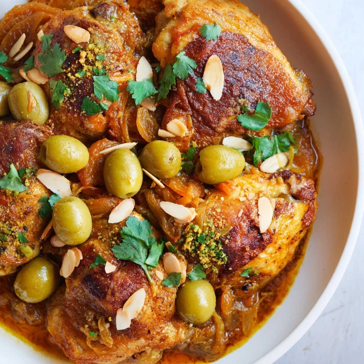 Der Blick in den Topf zeigt das dampfende Moroccan Tagine Chicken mit goldbraunem Hühnchen.