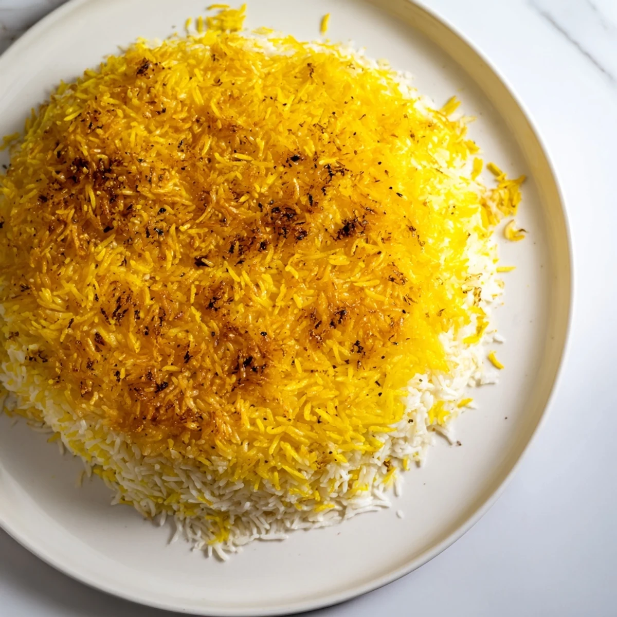 This vegetarian Persian tahdig rice features a flavorful yogurt-rice tahdig base and steamed rice.