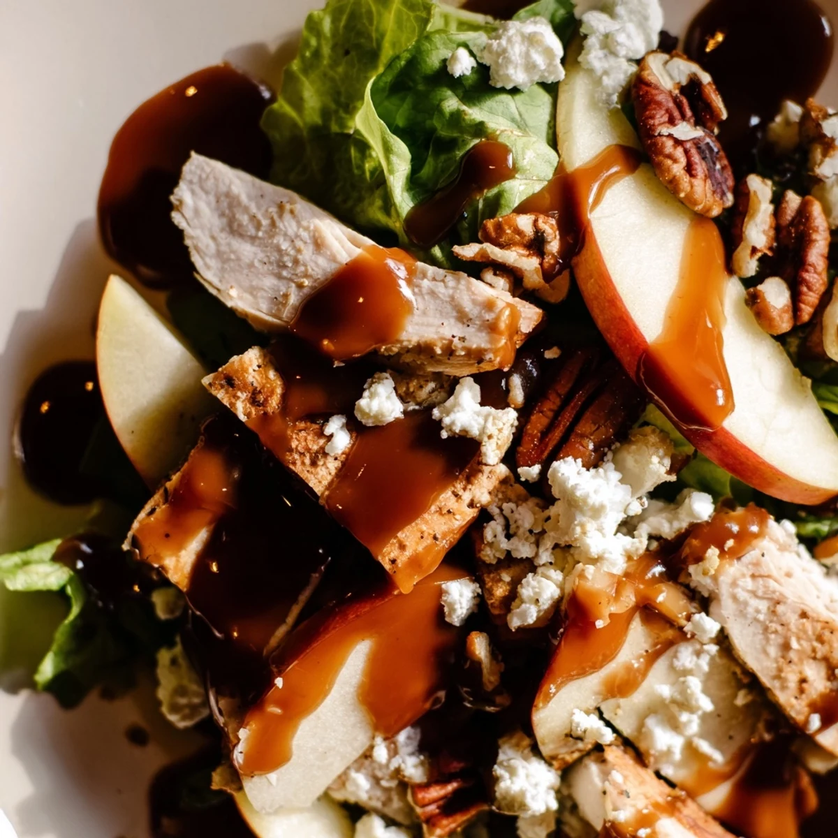Frischer Caramel Apple Chicken Salad mit gerösteten Pekannüssen, cremigem Käse und glasierter Zwiebel auf einer Betten aus grünem Salat.  