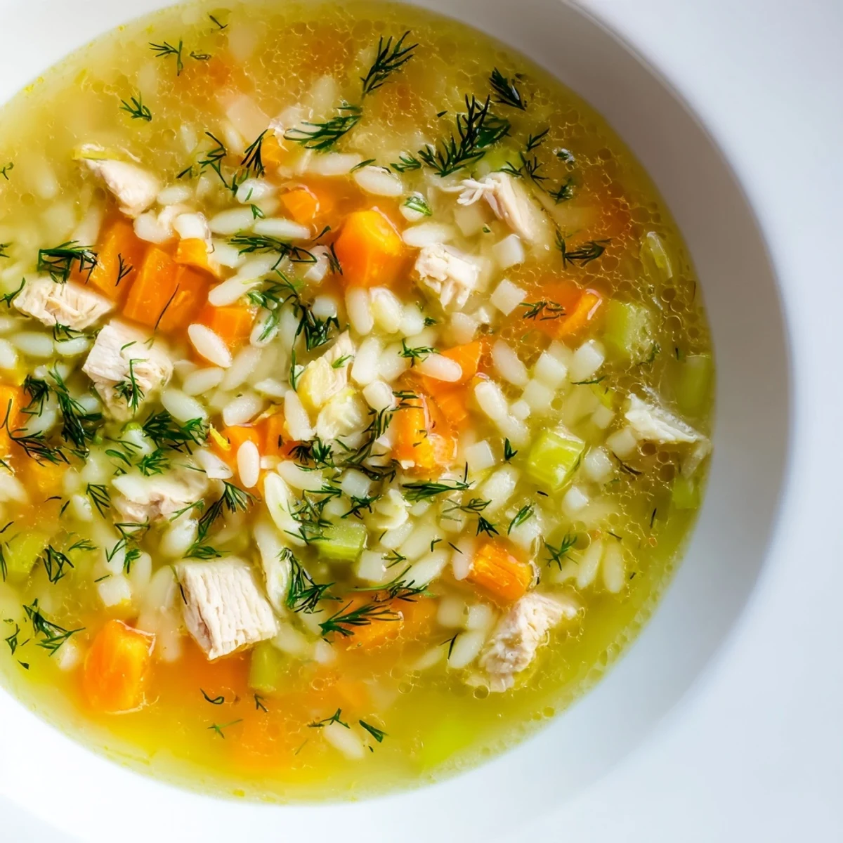 Frisch zubereitete Chicken Lemon Orzo Soup in einer Pastellfarbe Schüssel, mit cremiger Brühe, zitroniger Zeste und einem Hauch von Dill garniert.