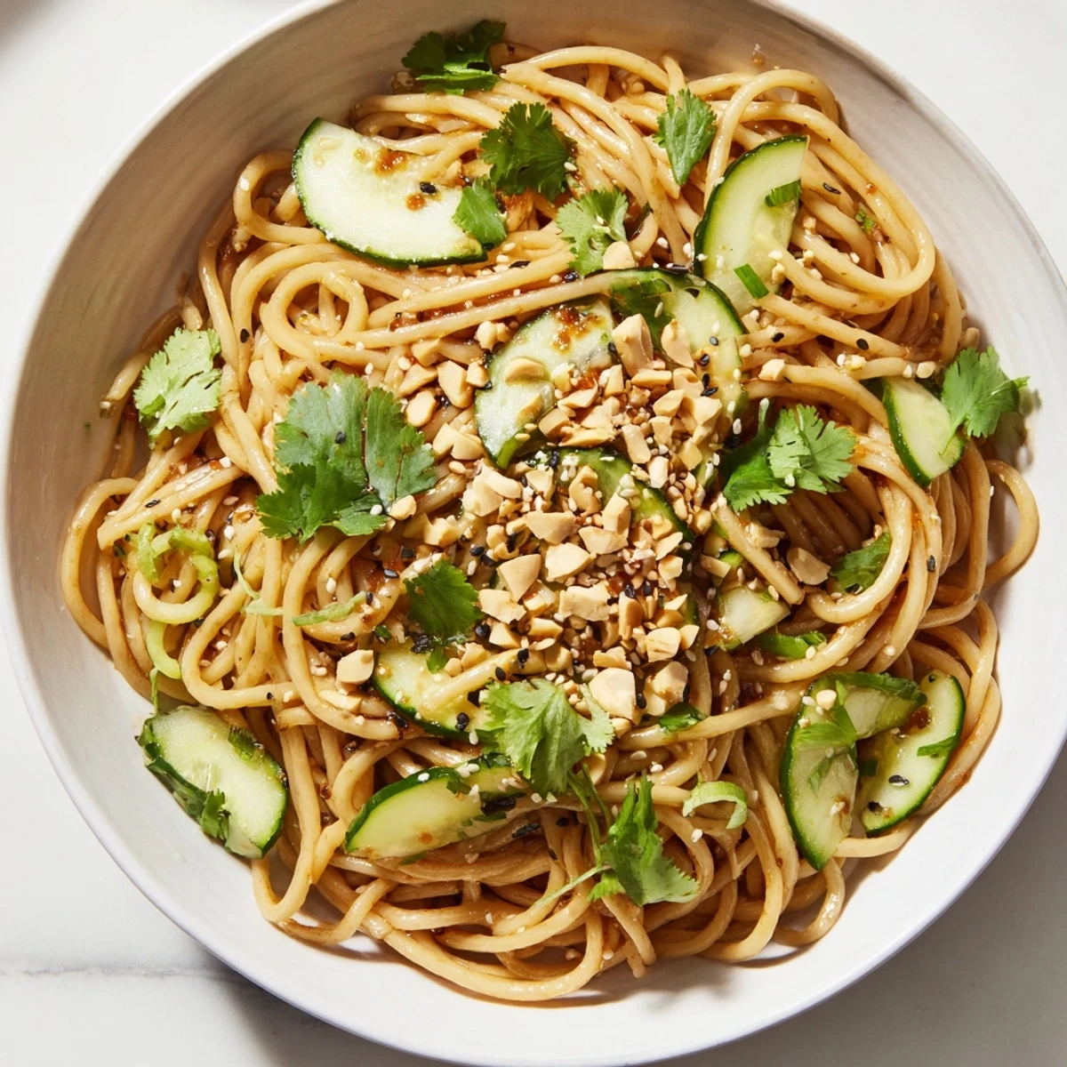 Farbenfroher Spicy Sesame Noodle Salad mit glasierten Nudeln, Chili-Öl-Glanz und knackigen Erdnüssen – perfekt für einen leichten, vegetarischen Abendtisch.