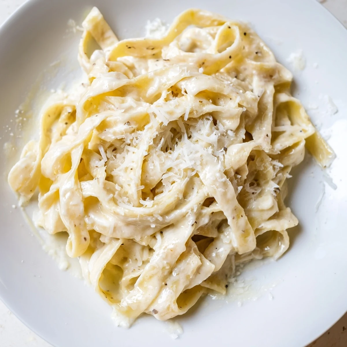 Frisch zubereitete Roasted Garlic Cream Pasta in einer Erdetopfschüssel, garniert mit gehackter Petersilie und frisch geriebenem Parmesan.