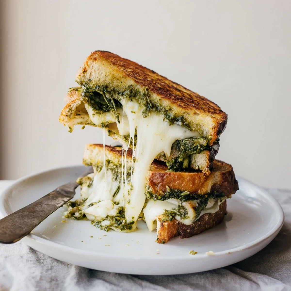 Ein knuspriges Spinat Pesto Grilled Cheese Sandwich mit goldbraunem Sauerteigbrot und geschmolzenem Käse.