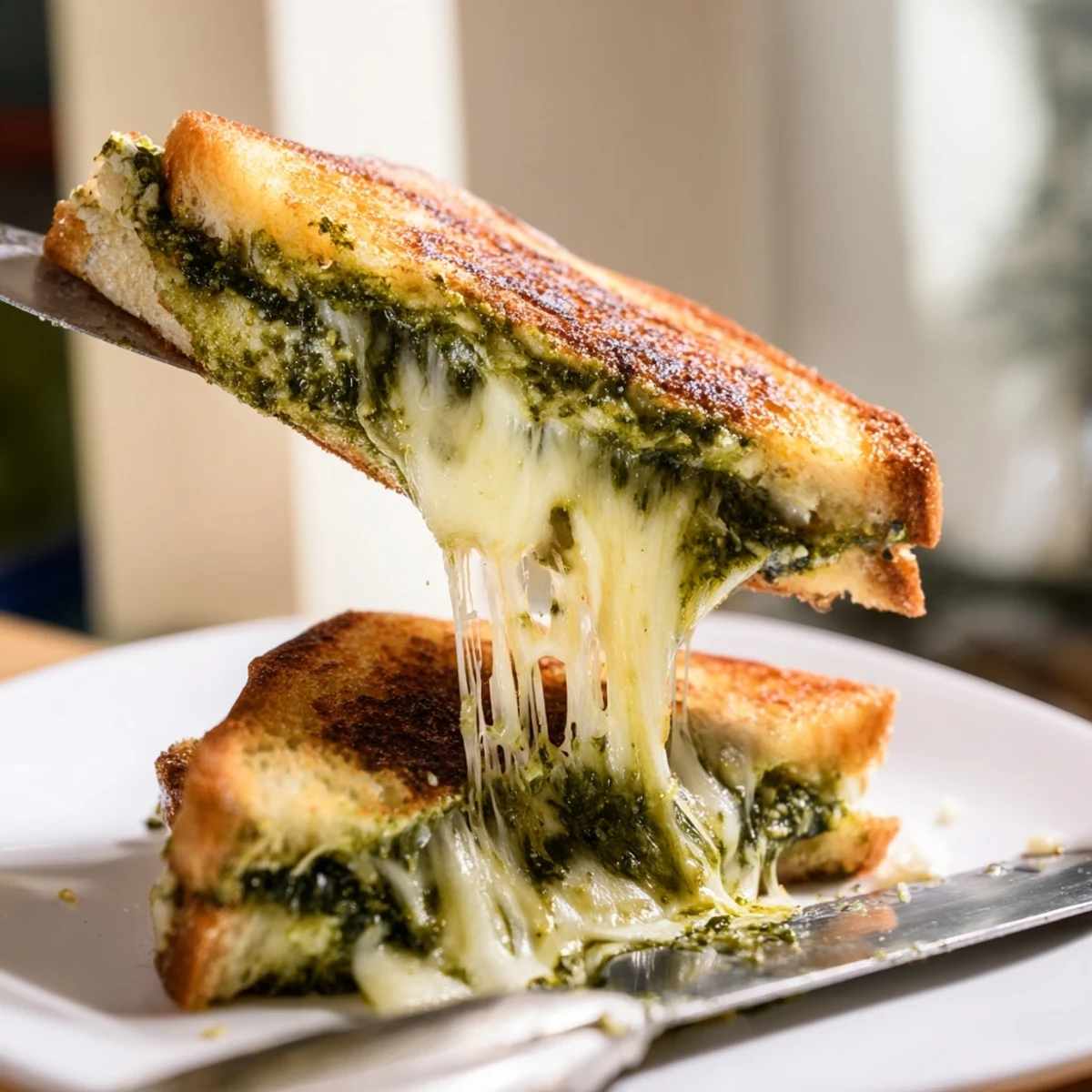 Genieße ein hausgemachtes Spinat Pesto Grilled Cheese, serviert warm mit knuspriger Kruste und Käse.