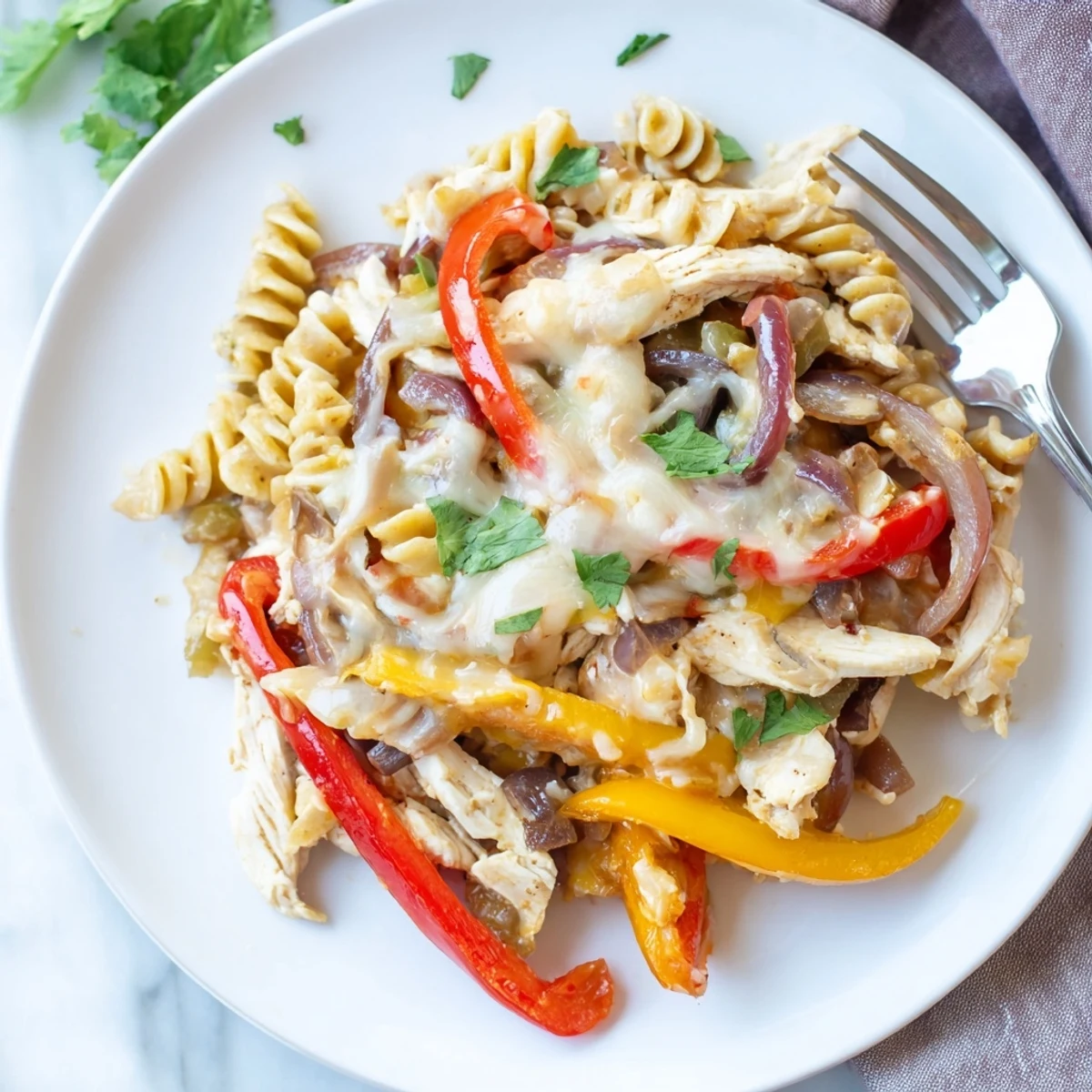 Ein dampfendes Topfgericht mit saftigen Hühnchenstreifen, bunten Paprikaschoten und cremiger Käsekruste, fertig für den Abendtisch.