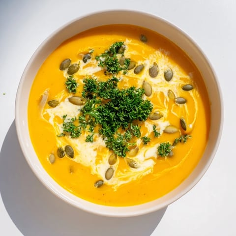 Creamy pumpkin soup with crusty bread, garnished and ready to serve on a chilly evening.