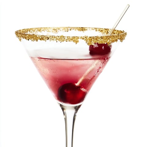 A gold-rimmed Rococo Kirsch Martini, elegantly garnished with a bright red maraschino cherry.