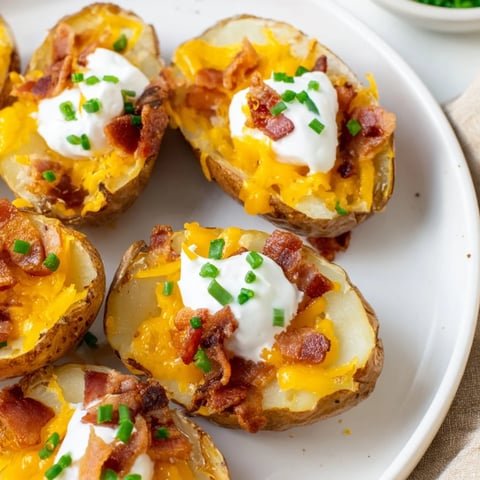 Knusprige, goldbraune geladene Baked Potato Skins, gefüllt mit geschmolzenem Käse und knusprigem Speck.