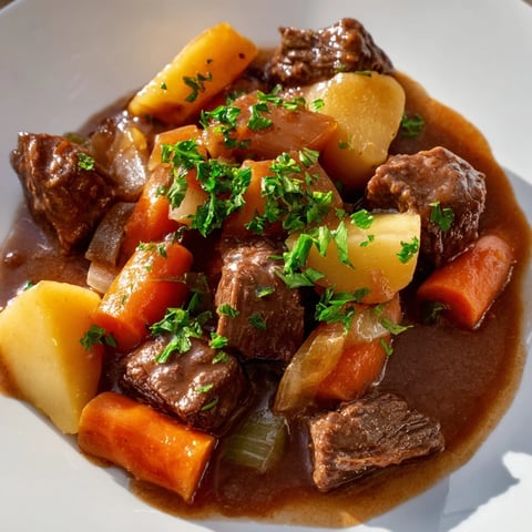 Tender Irish Beef Stew, brimming with potatoes and carrots, perfect for a cozy dinner.