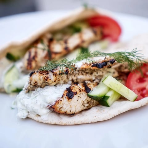 Juicy Greek Chicken Wrap with grilled chicken, creamy tzatziki, and fresh veggies, served on a soft pita.  