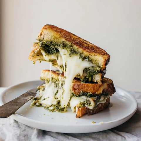 Ein knuspriges Spinat Pesto Grilled Cheese Sandwich mit goldbraunem Sauerteigbrot und geschmolzenem Käse.